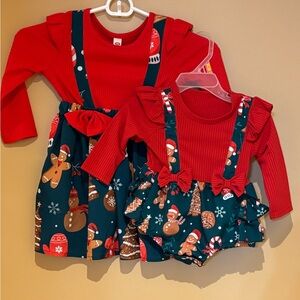 Matching Kids Holiday Gingerbread Suspender Dress & Romper Set - Red & Teal